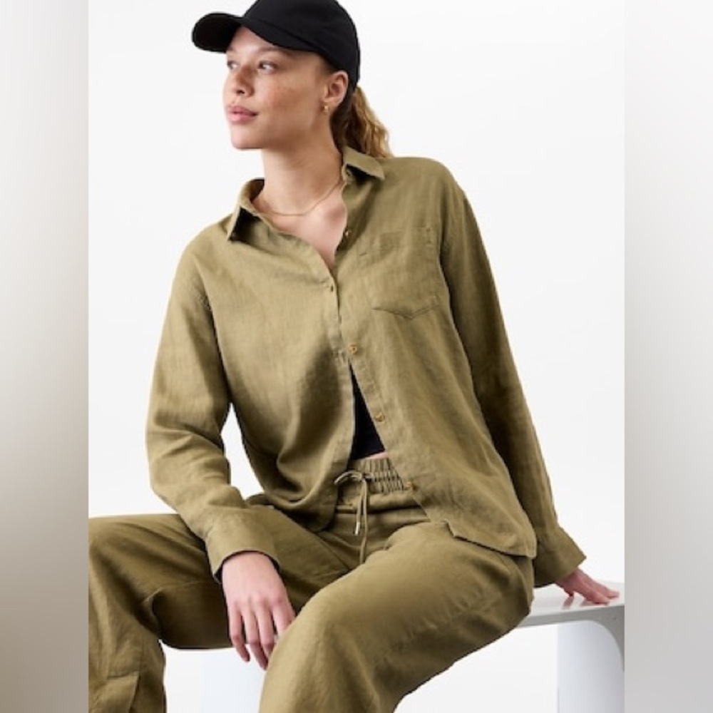 NWT Athleta Retreat Linen Olive Green Button-Up Shirt Sz XXS